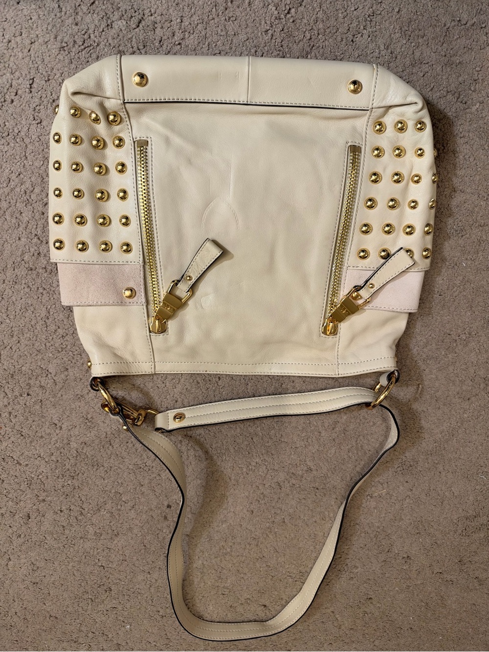 b. makowsky Cream Leather Studded Shoulder Bag with Gold Hardware